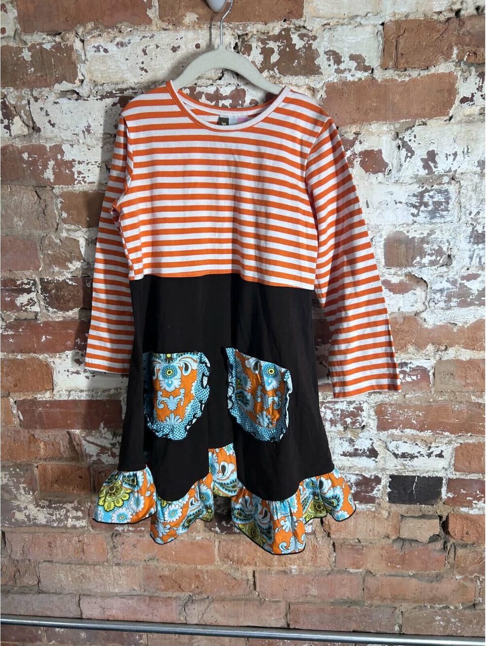 Banana Split Girls' Orange and White Striped Long Sleeve Dress with Floral Accen
